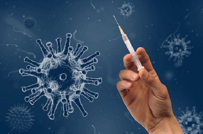 COVID-19 virus images with hand holding a syringe