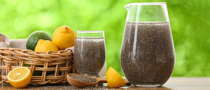An image of the trending TikTok internal shower drink with chia seeds, lemon juice, and water.