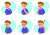 Ill boy with flu or cold flat vector illustrations set