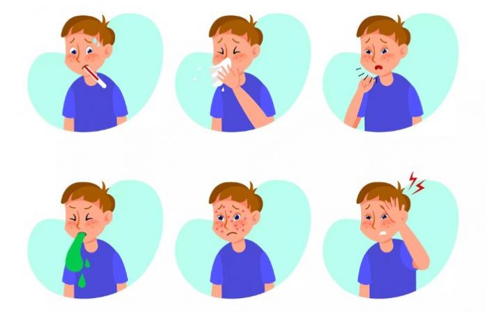 Ill boy with flu or cold flat vector illustrations set