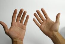 Photo of the palms of a person's hands, turned upwards, from an aerial view.